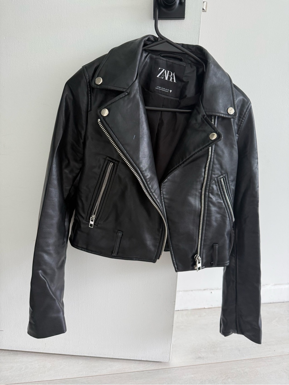 ZARA Black Faux Leather Asymmetric Moto Jacket with Silver Hardware